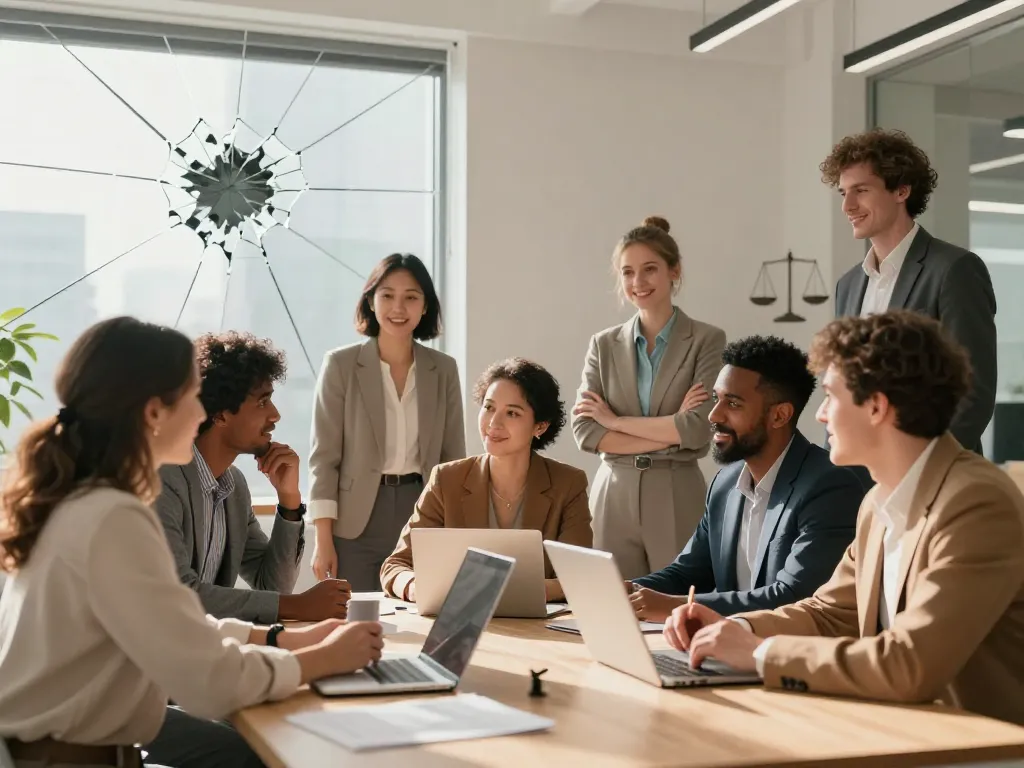 A modern office scene with diverse men and women collaborating around a table, with a diverse leadership team visible in the background. On one side, a glass ceiling is partially cracked with light shining through. The atmosphere is professional and optimistic, with subtle symbols of equality like a balance scale in the corner. Digital art style, warm colors, high detail.
