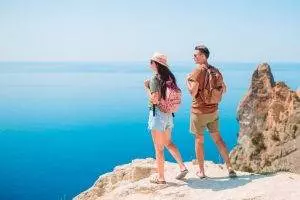 tourist couple hiking summer vacation