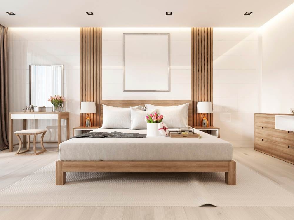 modern light bedroom with wooden furniture scandinavian style 3