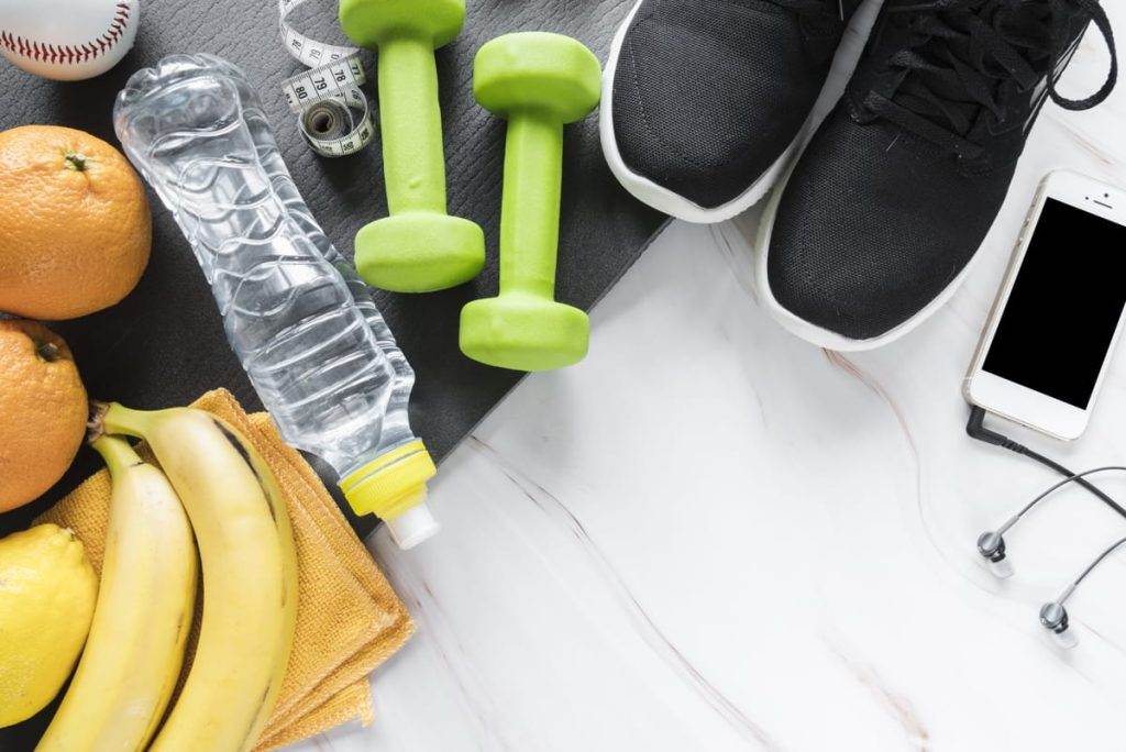 set sports clothes healthy snacks