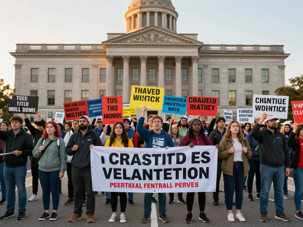 A diverse group of people holding colorful signs and banners at a peaceful civic protest in front of a government building, with a sense of unity and determination; warm sunset light, photorealistic style, wide angle, high detail, empowering atmosphere.