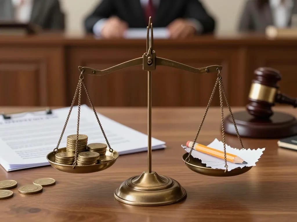 A balanced scale of justice on a wooden desk, with one side showing a stack of gold coins and a legal document, and the other side showing a broken pencil and a torn paper, symbolizing inequality. Background: a courtroom with a judge's gavel and blurred people. Muted lighting, realistic style.