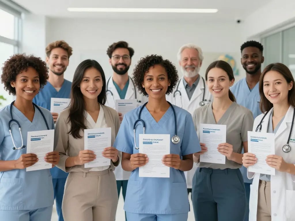 A diverse group of women and men from various ethnic backgrounds standing together in a bright, modern healthcare clinic, holding informational pamphlets and smiling, with symbols of reproductive health such as a contraceptive pill pack, a stethoscope, and a globe in the background, soft lighting, inclusive and hopeful atmosphere.