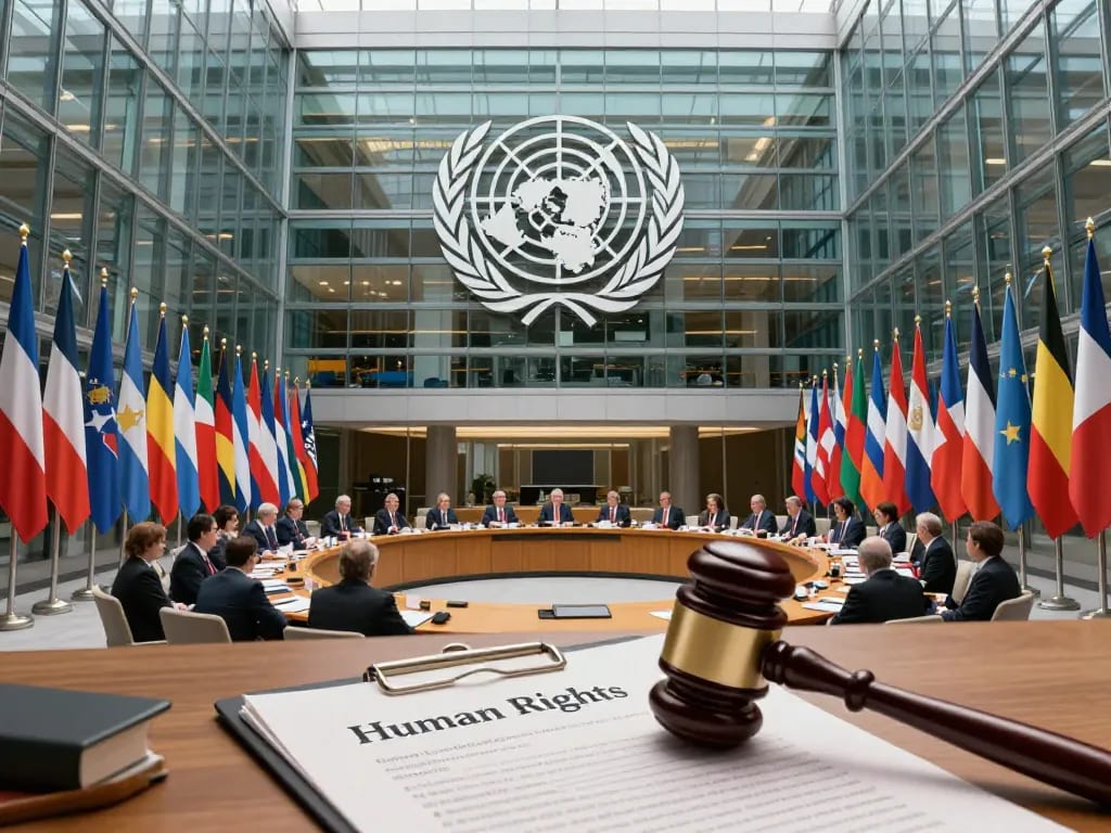 A detailed illustration of the United Nations headquarters in Geneva, with a large glass wall visible, surrounded by flags of many nations. Inside the building, a meeting room with delegates sitting around a circular table, a gavel and a document titled 'Human Rights' in focus. Soft natural light, photorealistic style, symbolic atmosphere of diplomacy and justice.