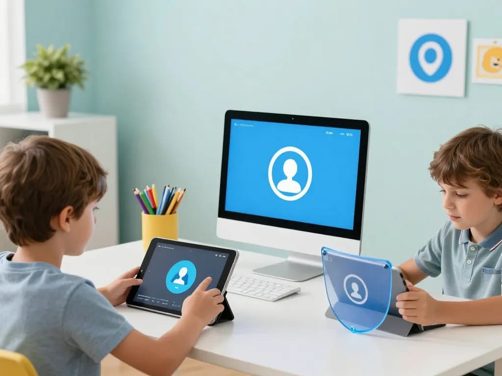Children using tablets and computers in a safe digital environment, with protective shields and freedom symbols, colorful, educational, balanced concept, digital art.