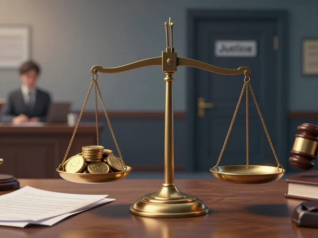 A conceptual digital illustration depicting a courtroom scale of justice, with one side heavy with gold coins and legal papers, and the other side light and empty, symbolizing inequality in access to justice. In the background, a blurred figure sits in a waiting area, looking at a closed door with a 'Justice' sign. The image uses contrasting colors, with a warm, bright side for the wealthy and a cold, dark side for the disadvantaged. Style: photorealistic, cinematic lighting, high detail.
