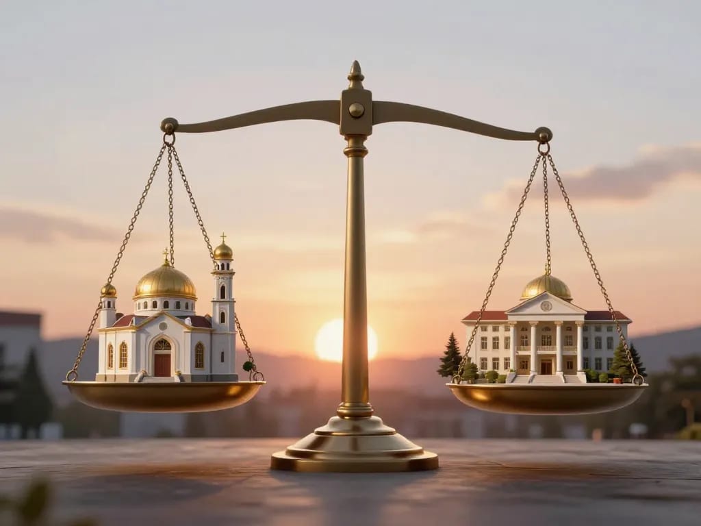 Libertatea religioasă: între toleranță și impunere 1 A conceptual image showing a balanced scale, with one side representing a church, mosque, or synagogue, and the other side representing a secular public space (like a school or courthouse). In the center, a blurred line or a glowing border separates the two. The background is a serene sunset, symbolizing peace and coexistence. Style: realistic digital art, soft lighting, symbolic composition.