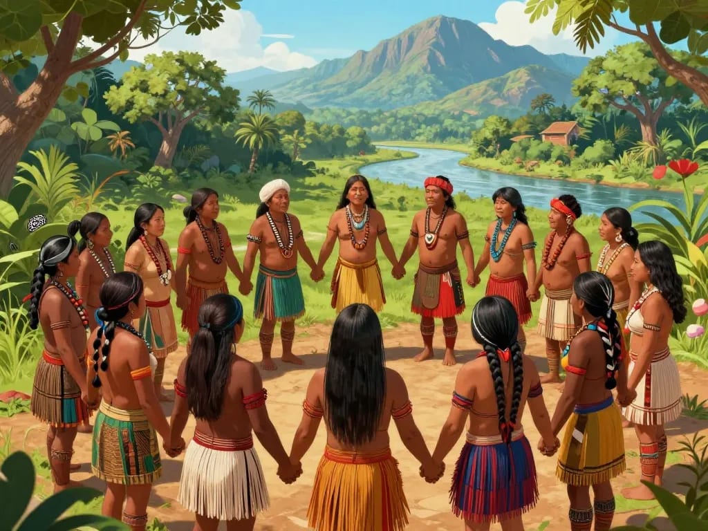 A vibrant, colorful illustration of a diverse group of indigenous people from different continents (Amazon, Andes, North America, Africa, Asia) standing together in a circle, holding hands, with traditional clothing and artifacts. In the background, a lush green forest, a river, and a mountain range under a bright sky. The scene conveys unity, strength, and connection to nature. Digital art style, high detail, warm lighting, respectful and dignified representation.