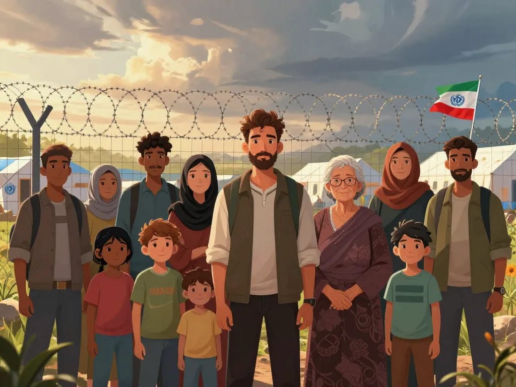 A detailed digital illustration showing a diverse group of refugees including families with children, young men, and elderly women, standing in front of a barbed wire fence under a dramatic sky. In the background, a UNHCR tent city and an international flag. The image should convey resilience, hope, and the need for legal protection, with warm tones and a sense of dignity.