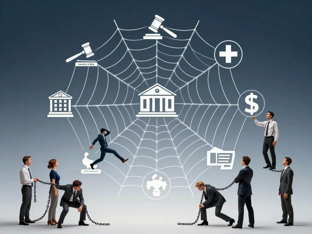 A detailed illustration showing a large, invisible web (like a spider web) made of institutional symbols (gavel, school building, hospital cross, money sign) connecting to different groups of people. Some groups are weighed down by heavy chains labeled 'poverty', 'bias', 'lack of access', while others are free and moving upward. The background is a gradient from dark blue to light, symbolizing systemic inequality. The style is semi-realistic, with a focus on contrast and emotion.