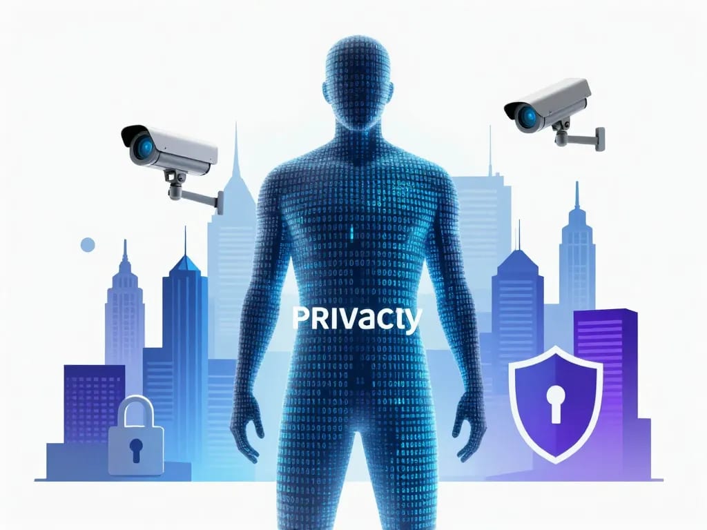 A digital collage representing the concept of privacy in the digital age: a human silhouette made of binary code and pixelated data, partially transparent, standing in front of a glowing blue and purple cyber cityscape with surveillance cameras, lock icons, and a shield symbol, minimalist style, hyper-realistic digital art.