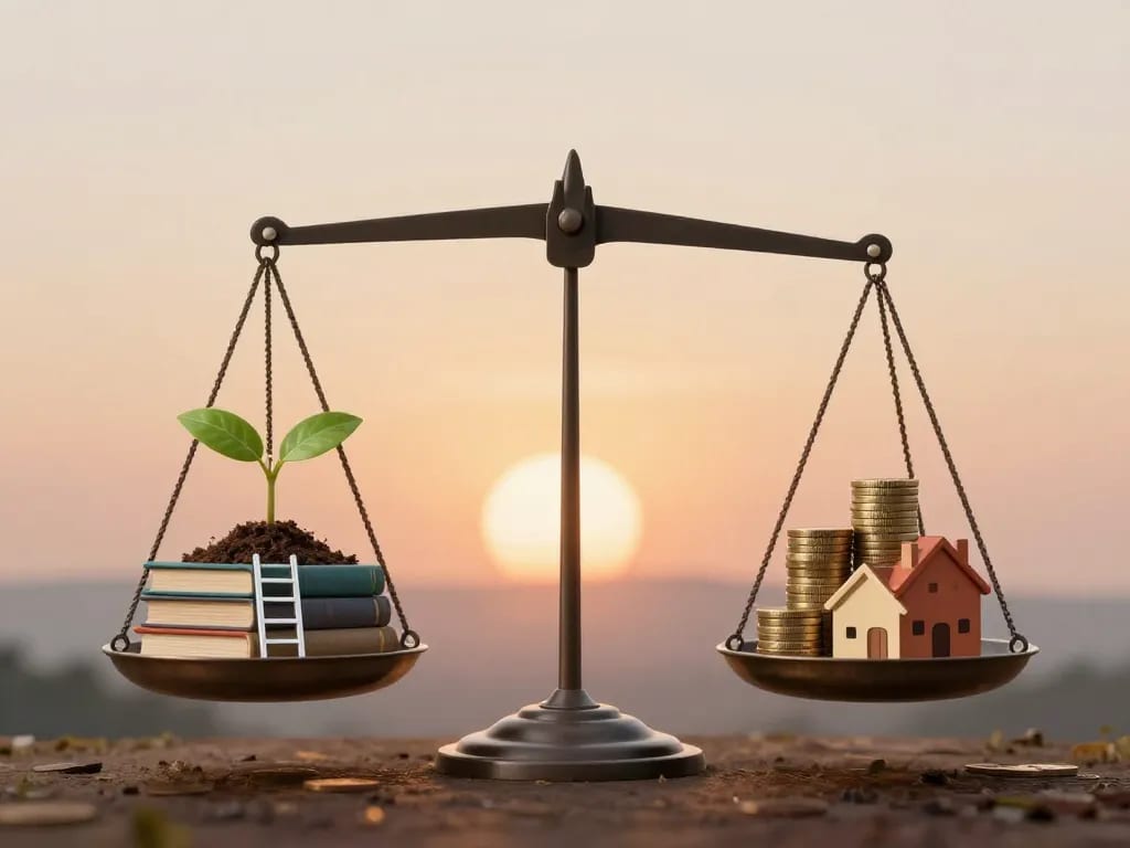 Egalitatea de șanse versus egalitatea de rezultate: diferențe explicate 1 A balance scale with two pans: one side shows a seedling growing from books and a ladder (equal opportunities), the other side shows identical stacks of coins and houses (equal outcomes). The background is a serene landscape with a sunrise, symbolizing a just society. Minimalist, conceptual illustration.