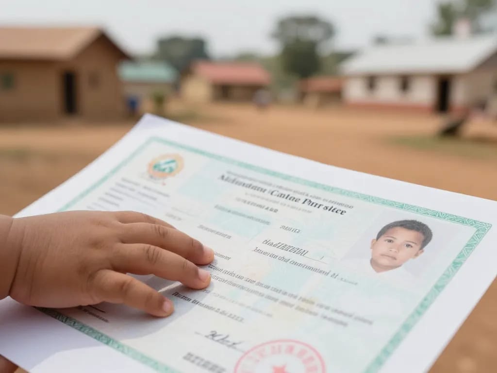 Dreptul la identitate: importanța actelor de naștere în țările în dezvoltare 1 Close-up of a birth certificate document with a baby's hand resting on it, set against a blurred background of a rural village in a developing country, with faint symbols of a school and a hospital in the background, warm lighting, photorealistic style