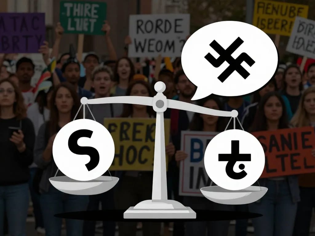 A balanced scale with a speech bubble on one side and a symbol of hate (like a swastika or a slurs sign) on the other, set against a backdrop of a diverse crowd of people holding signs with both peaceful messages and controversial slogans, digital art, high contrast, 4k.