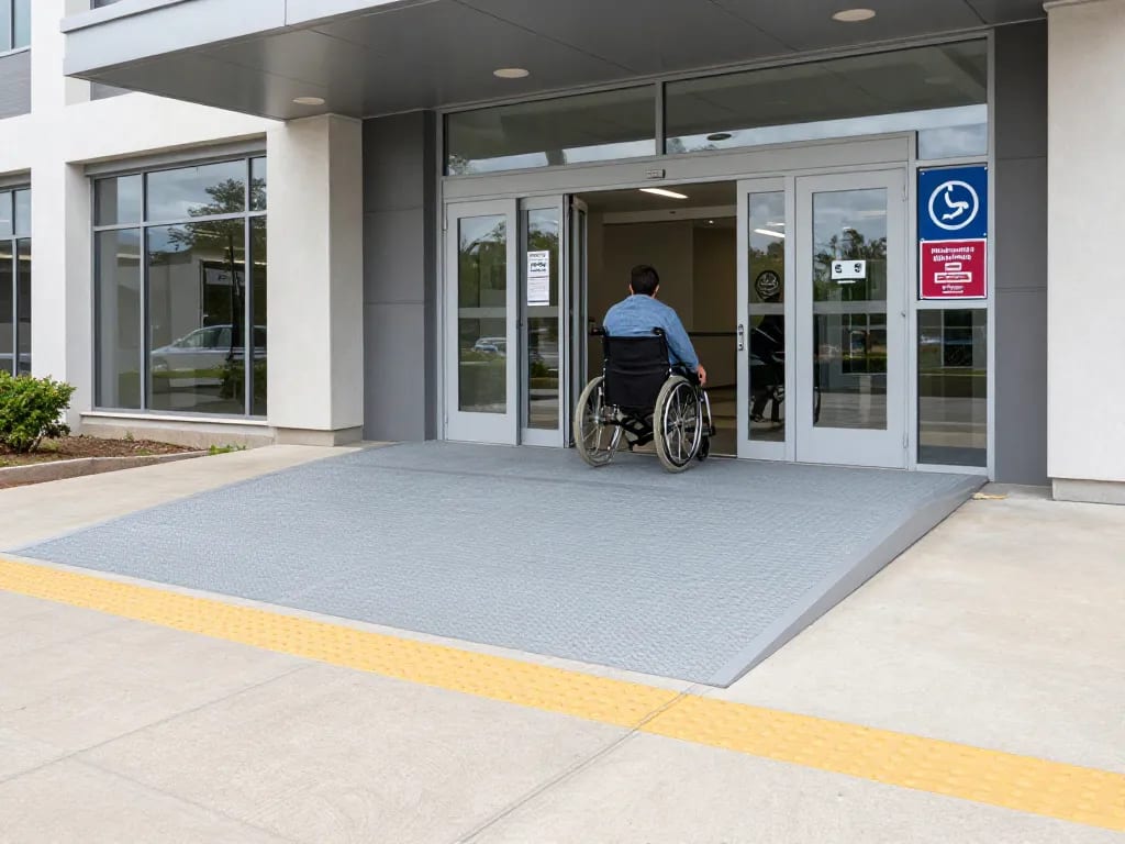 A wide-angle photograph of a modern public building entrance with a wheelchair ramp, tactile paving on the ground, and a person in a wheelchair entering through an automatic door, with clear signage in Braille and high-contrast colors, symbolizing universal accessibility.