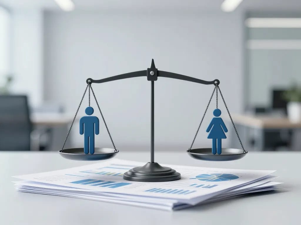 A balanced scale with a male and female symbol on opposite sides, standing on a stack of statistical charts and data visualization elements, in a modern clean office setting with soft blue and gray tones, minimalist style, high quality, 4K.