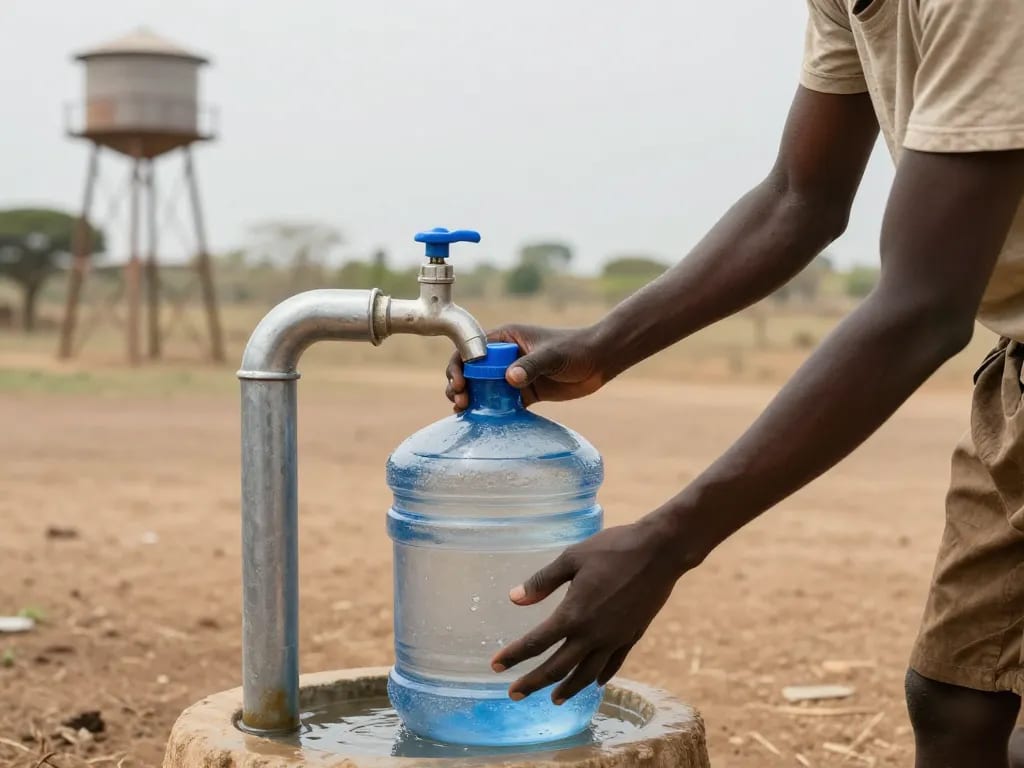A photorealistic image depicting a person in a rural African village filling a clean water jug from a modern water tap, with a background showing a dry landscape and a water tower. The scene conveys contrast between scarcity and sustainable access, symbolizing the human right to clean water. Soft natural light, hope and dignity emphasized.