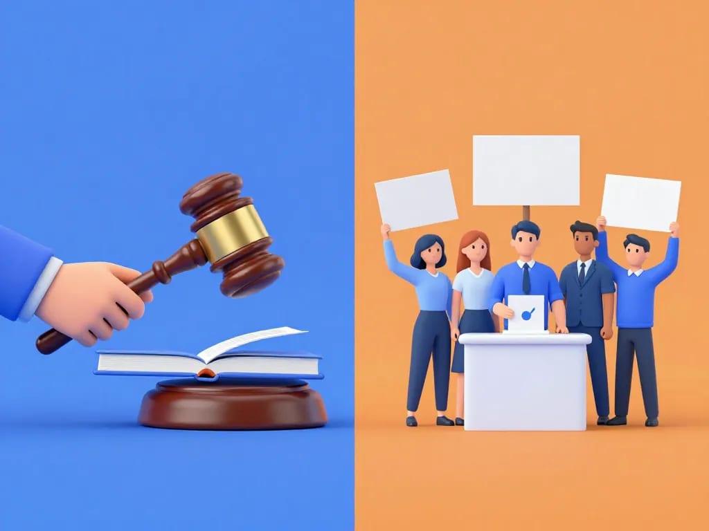 Drepturi civile vs. drepturi politice: Diferențe esențiale 1 A conceptual image showing two halves: on the left, a person holding a book and a gavel, symbolizing civil rights (law, equality, justice); on the right, a group of people voting and holding signs, symbolizing political rights (vote, protest, participation). Minimalist style, blue and orange colors, flat design with subtle 3D elements.