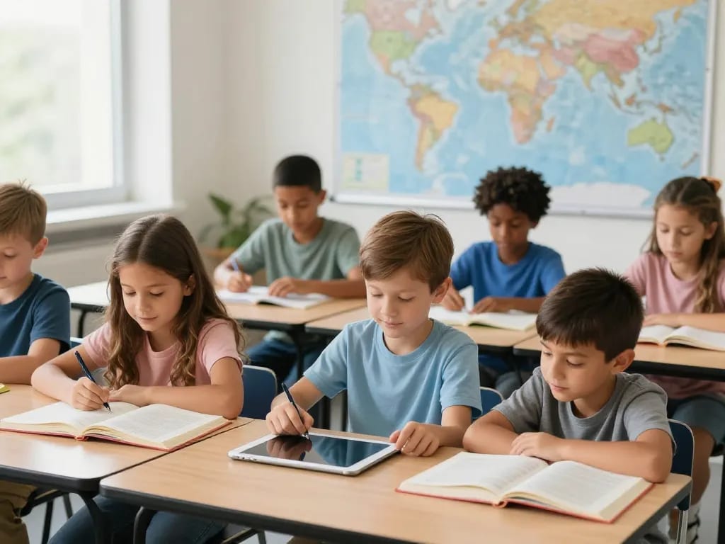 A diverse group of children from different ethnicities sitting in a classroom with books and digital tablets, a world map in the background, bright natural light through windows, hopeful atmosphere, photorealistic style, high resolution.