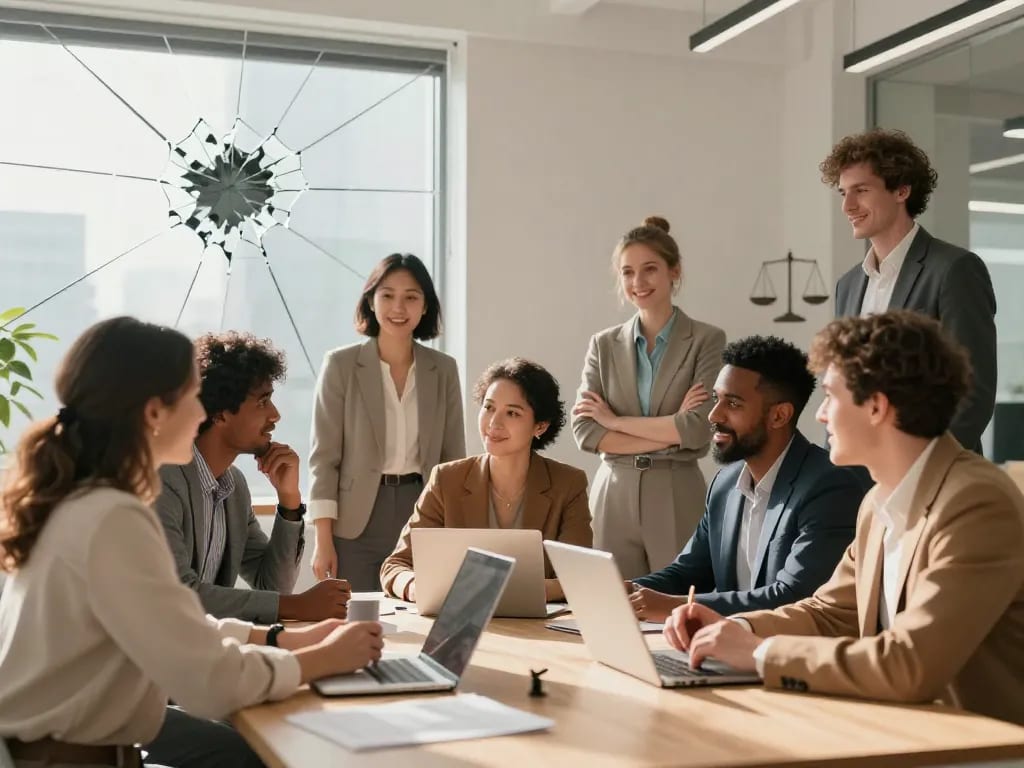 A modern office scene with diverse men and women collaborating around a table, with a diverse leadership team visible in the background. On one side, a glass ceiling is partially cracked with light shining through. The atmosphere is professional and optimistic, with subtle symbols of equality like a balance scale in the corner. Digital art style, warm colors, high detail.