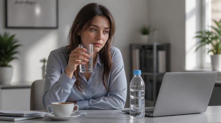 A photorealistic high-quality editorial image showing a tired young professional woman sitting at a modern minimalist desk, holding a glass of water with a thoughtful expression. On the desk, an empty coffee cup, a laptop, and a half-filled water bottle are visible. Soft natural daylight streams through a window, casting gentle shadows. The background is slightly blurred with a clean, calm aesthetic in muted tones of beige, soft blue, and white. The composition emphasizes the contrast between coffee consumption and proper hydration, symbolizing chronic dehydration mistaken for fatigue. Cinematic lighting, shallow depth of field, 4K, vertical format suitable for blog header.