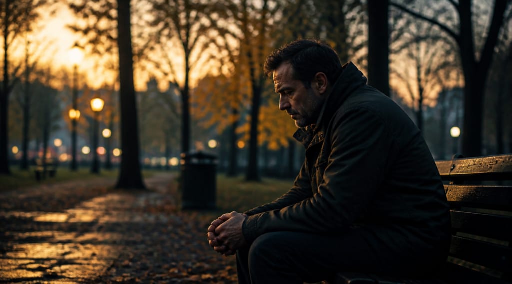 De ce sănătatea mentală a bărbaților rămâne subdiagnosticată 1 A contemplative middle-aged man sitting alone on a wooden bench in a dimly lit urban park at dusk, wearing a dark jacket with his hands clasped and head slightly bowed in introspection. Soft golden hour light filters through autumn trees, casting long shadows. The background is blurred with bokeh city lights, creating a melancholic and cinematic atmosphere. Photorealistic style, shallow depth of field, muted color palette blending warm amber and cool blue tones, powerful visual metaphor for hidden male mental health struggles and silent suffering.