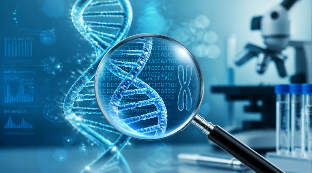 A high-quality professional medical illustration depicting a stylized glowing DNA double helix intertwined with a translucent magnifying glass examining genetic code sequences and chromosomes. Soft blue and teal gradient background with subtle laboratory elements like test tubes, micropipettes, and a modern microscope. Light particles and data streams flow around the helix, symbolizing genetic analysis and screening. Modern, clean medical aesthetic suitable for a healthcare blog header, 16:9 aspect ratio, photorealistic style with soft cinematic lighting, shallow depth of field, ultra-detailed, 4K quality.