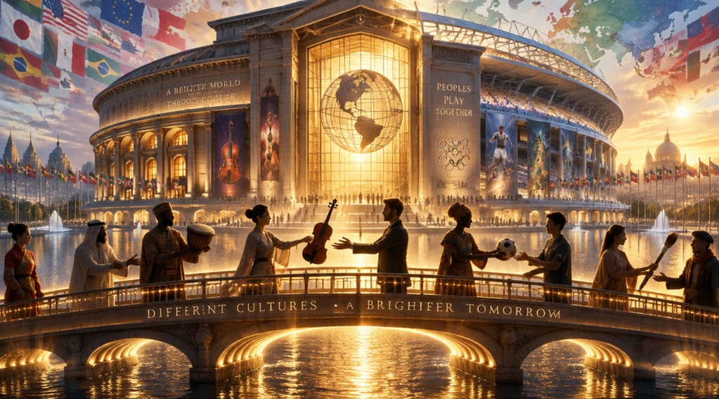 Diplomația culturală: arta și sportul reduc tensiunile internaționale 1 A powerful cinematic composition symbolizing cultural diplomacy: a grand concert hall and a stadium seamlessly merged into one symbolic structure, with golden light streaming through. In the foreground, silhouettes of people from different cultures exchanging art, musical instruments, and sports equipment (a violin, a football, a paintbrush) across a glowing bridge. The background features world flags fading into soft watercolor tones, suggesting unity. Photorealistic style, warm color palette with deep blues and golds, dramatic lighting, ultra-detailed, 8K quality, editorial photography aesthetic.