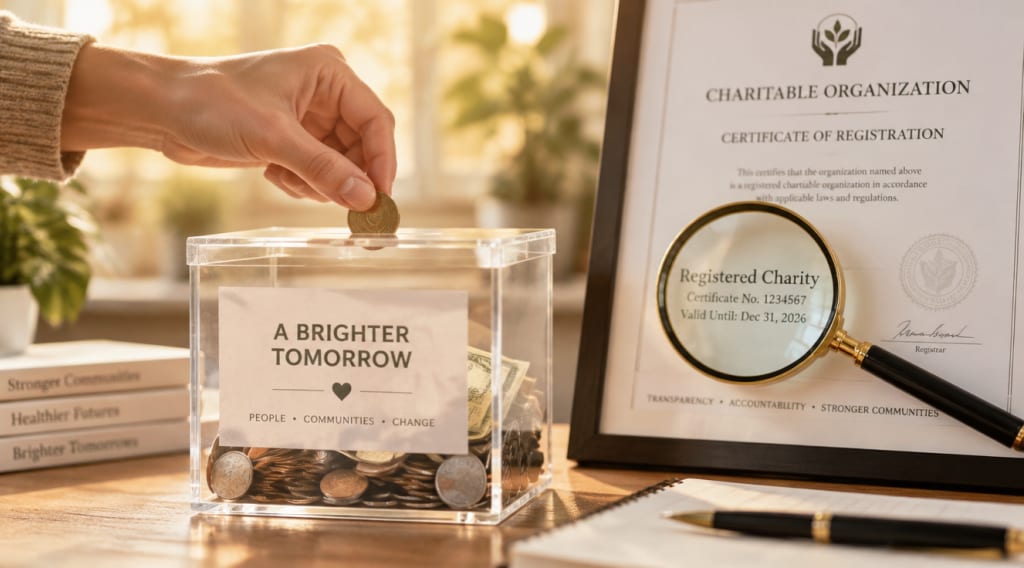 A high-quality editorial photograph showing a person's hands carefully placing a donation into a transparent charity box, with a magnifying glass examining an official organization certificate in the background. Soft natural lighting, warm golden tones, shallow depth of field, conveying trust, transparency, and careful verification. Professional composition suitable for a financial advisory article, 16:9 aspect ratio, photorealistic style, clean minimal background.