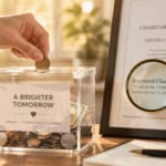 A high-quality editorial photograph showing a person's hands carefully placing a donation into a transparent charity box, with a magnifying glass examining an official organization certificate in the background. Soft natural lighting, warm golden tones, shallow depth of field, conveying trust, transparency, and careful verification. Professional composition suitable for a financial advisory article, 16:9 aspect ratio, photorealistic style, clean minimal background.